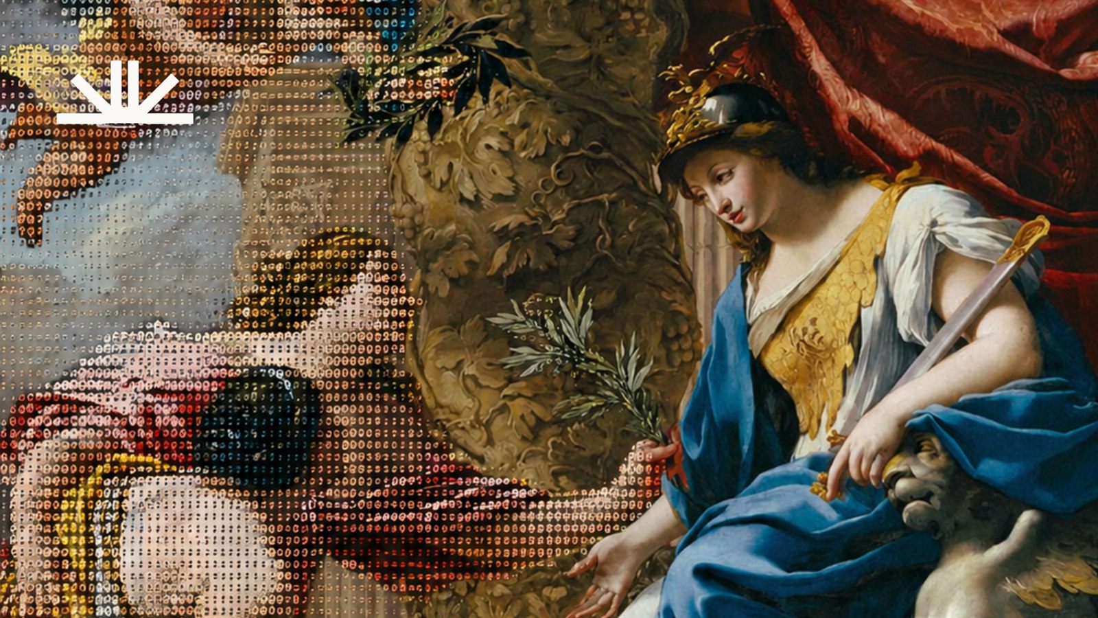 The Helin mark over a baroque allegory, the left half of the painting rendered as coloured data points.