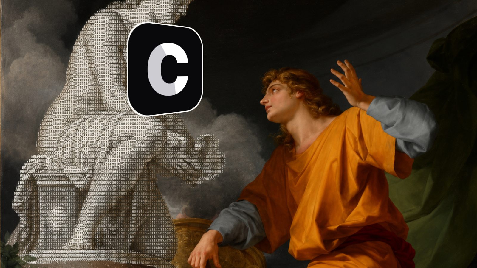 The Chatbase logo over a classical painting, half of it dissolving into columns of digits.