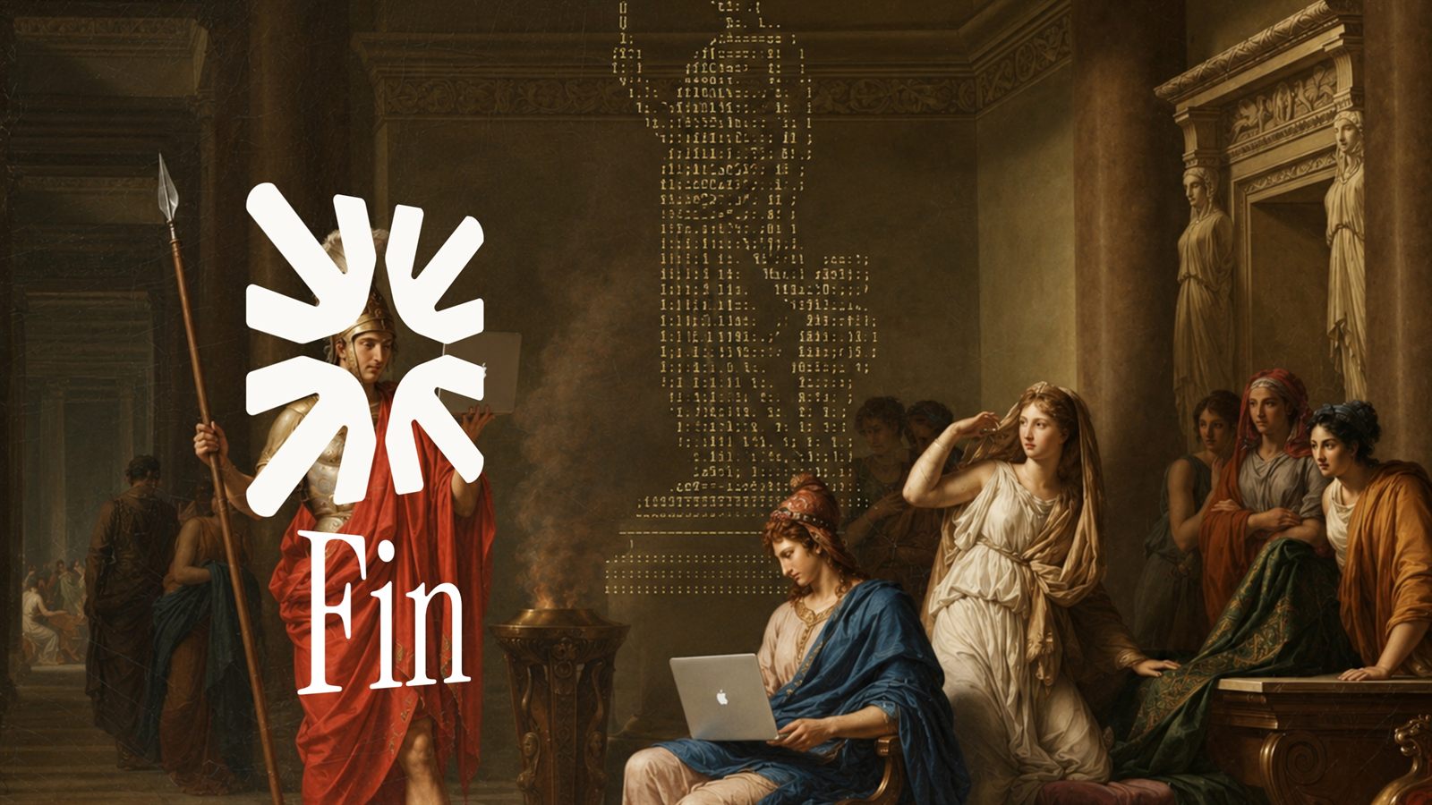 The Intercom Fin mark over a neoclassical interior, where a figure in robes works at a laptop.