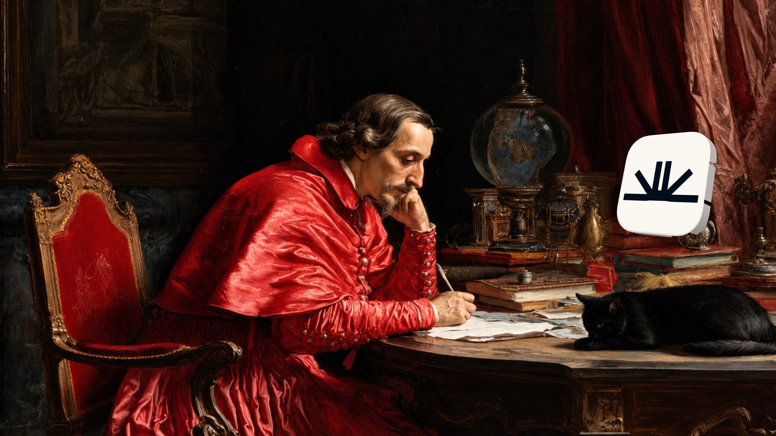 The Helin mark beside a painting of a scholar in red working alone at a desk piled with papers.